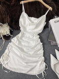 Simple 19th White Mermaid Spaghetti Straps Satin Pleated Short Homecoming Dress Birthday Outfits HZ1024