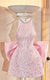 Cute Pink A Line Halter Satin Sequin Short Homecoming Dress Birthday Outfits HZ1024