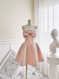 Simple Pink A Line Spaghetti Straps Satin Bow Short Homecoming Dress18th Birthday Outfits HZ1024