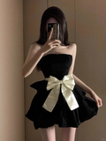 Black A Line Strapless Satin With Bow Short Homecoming Dress 17th Birthday Outfits HZ1024