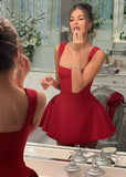 Red A Line Square Satin Short Homecoming Dress 19th Birthday Outfits HZ1024
