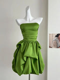 Chic A Line Strapless Green Satin Pleated Short Homecoming Dress 18th Birthday Outfits HZ1024