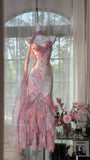 Stunning Mermaid Spaghetti Straps Chiffon Printed Long Prom Dresses Formal Dress HZ1024