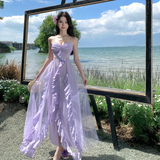 Lilac A Line Spaghetti Straps Satin Tulle Ruffles Long Prom Dresses Formal Dress HZ1024