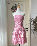 Vintage A Line Strapless Pink Satin Pleated Short Homecoming Dress 17th Birthday Outfits HZ1024