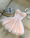 Cute Pink A Line Spaghetti Straps Satin Tulle Short Homecoming Dress 17th Birthday Outfits HZ1024