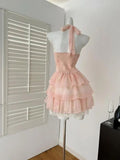 Classy A Line Halter Chiffon Lace Tiered Short Homecoming Dress 16th Birthday Outfits HZ1024