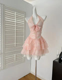 Classy A Line Halter Chiffon Lace Tiered Short Homecoming Dress 16th Birthday Outfits HZ1024