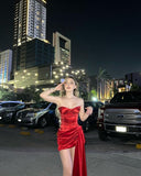 Red Mermaid Strapless Satin Pleated Short Homecoming Dress 19th Birthday Outfits HZ1024