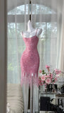 Sparkly Pink Mermaid Spaghetti Straps Sequin Tassel Short Homecoming Dress 19th Birthday Outfits HZ1024