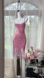 Sparkly Pink Mermaid Spaghetti Straps Sequin Tassel Short Homecoming Dress 19th Birthday Outfits HZ1024