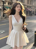 Cute A Line V Neck White Satin Pleated Short Homecoming Dress 19th Birthday Outfits HZ1024