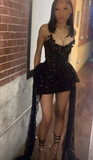 Sexy 22th Black Mermaid Strapless Tulle Lace Sequin Short Homecoming Dress Birthday Outfits HZ1024