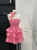Pretty A Line Strapless Satin Tiered Short Homecoming Dress 16th Birthday Outfits HZ1024
