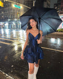 Classy A Line Strapless Navy Satin Short Homecoming Dress 19th Birthday Outfits HZ1024
