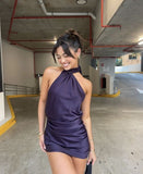 Purple Mermaid Halter Satin Short Homecoming Dress 19th Birthday Outfits HZ1024