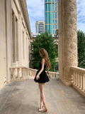 Classy A Line V Neck Black Satin Chiffon Short Homecoming Dress 20th Birthday Outfits HZ1024
