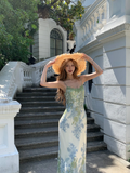 Elegant Mermaid Spaghetti Straps Satin Printed Lace Long Prom Dresses Formal Dress HZ1024