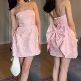 Chic Pink A Line Strapless Satin Back With Bow Short Homecoming Dress 19th Birthday Outfits HZ1024