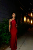 Simple Mermaid One Shoulder Burgundy Satin Long Prom Dresses Formal Dress HZ1024