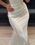 Classy Mermaid Strapless White Satin Pleated Long Prom Dresses Formal Dress HZ1024