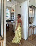 Chic A Line Strapless Satin Chiffon Ruffles Slit Long Prom Dresses Formal Dress HZ1024