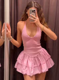 Pretty A Line Halter Pink Satin Short Homecoming Dress 19th Birthday Outfits HZ1024