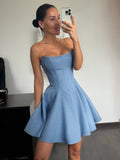 Elegant A Line Strapless Blue Satin Short Homecoming Dress 21th Birthday Outfits HZ1024