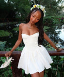 Simple White A Line Strapless Satin Short Homecoming Dress 20th Birthday Outfits HZ1024