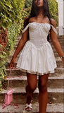 Pretty A Line Off The Shoulder White Satin Lace Short Homecoming Dress 17th Birthday Outfits HZ1024