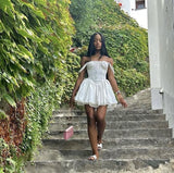 Pretty A Line Off The Shoulder White Satin Lace Short Homecoming Dress 17th Birthday Outfits HZ1024