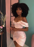 Pink Mermaid Off The Shoulder Satin Pleated Short Homecoming Dress 18th Birthday Outfits HZ1024