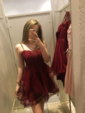 Burgundy A Line Spaghetti Straps Tulle Short Homecoming Dress 18th Birthday Outfits HZ1024