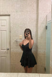 Sexy A Line Spaghetti Straps Black Satin Short Homecoming Dress 18th Birthday Outfits HZ1024