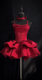 Red Ball Gown Spaghetti Straps Satin Tiered Short Homecoming Dress 17th Birthday Outfits HZ1024