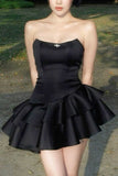Pretty A Line Strapless Black Satin Tiered Short Homecoming Dress 17th Birthday Outfits HZ1024