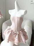 Sweet A Line Strapless Pink Satin With Bow Short Homecoming Dress 17th Birthday Outfits HZ1024