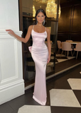 Special Mermaid Spaghetti Straps Pink Satin Backless With Bow Long Prom Dresses Formal Dress HZ1024