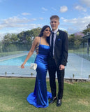 Simple Sheath Mermaid Halter Royal Blue Satin Long Prom Dresses Formal Dress HZ1024