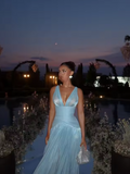Sexy A Line V Neck Satin Slit Long Prom Dresses Formal Dress HZ1024