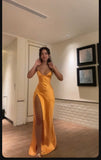 Simple Sexy Mermaid Halter Satin Slit Long Prom Dresses Formal Dress HZ1024
