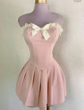 Sweet 16th Pink A Line Strapless Satin Lace With Bow Short Homecoming Dress Birthday Outfits HZ1024