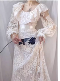 Vintage A line U Neckline Long Sleeves Lace White Wedding Dresses HZ1024