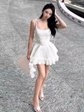 Vintage A line Straps White Short Homecoming Dress 19th Birthday Outfits HZ1024