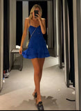 Tight Royal Blue A Line Spaghetti Straps Satin Hollow Short Homecoming Dress 18th Birthday Outfits HZ1024