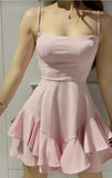 Classy A Line Spaghetti Straps Pink Satin With Ruffle Hem Short Homecoming Dress 18th Birthday Outfits HZ1024