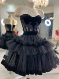 Unique Ball Gown Sweetheart Black Satin Tulle Short Homecoming Dress 18th Birthday Outfits HZ1024