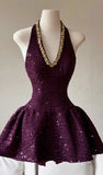 Sparkles A Line Halter Grape Satin Sequin Short Homecoming Dress 21th Birthday Outfits HZ1024
