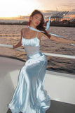 Pretty Mermaid Spaghetti Straps Satin Waist With Sheer Tulle Long Prom Dresses Formal Dress HZ1024