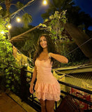 Pretty A Line Strapless Satin Lace Tiered Mini Short Homecoming Dress 17th Birthday Outfits HZ1024